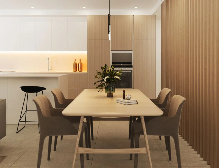 Dining area with timber wall